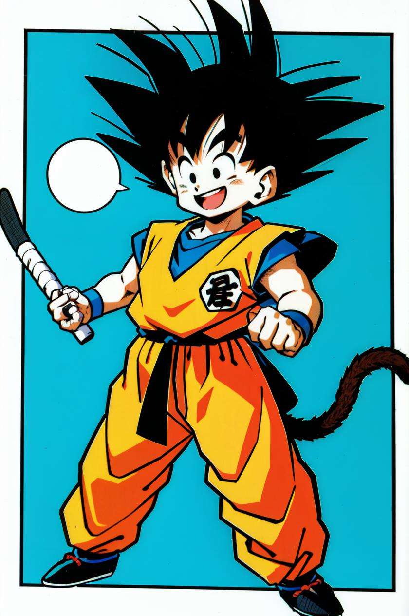 toriyama akira, 1boy, son goku, :d, black eyes, black footwear, black hair, clenched hands, clothes writing, dougi, dragon ball, dragon ball \(classic\), full body, happy, highres, looking away, male focus, nyoibo, official art, open mouth, short hair, simple background, smile, spiked hair, standing, tail, white background, wristband