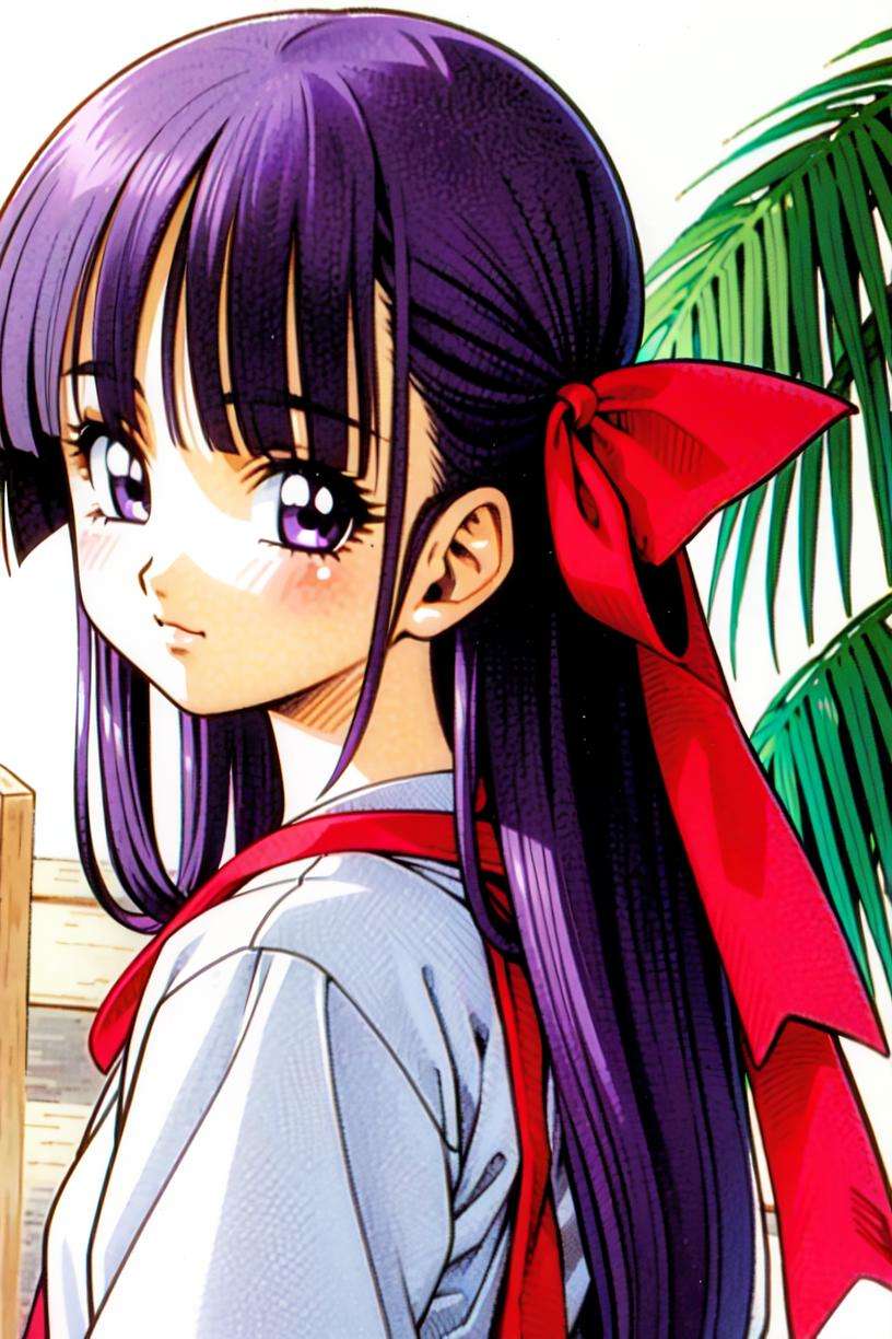 toriyama akira, 1girl, adult, 20 year old, bangs,  depth of field, embedded, hair ribbon, long hair, looking at viewer, neck ribbon, non-web source, palm leaf, palm tree, purple eyes, purple hair, red ribbon, ribbon, self upload, solo