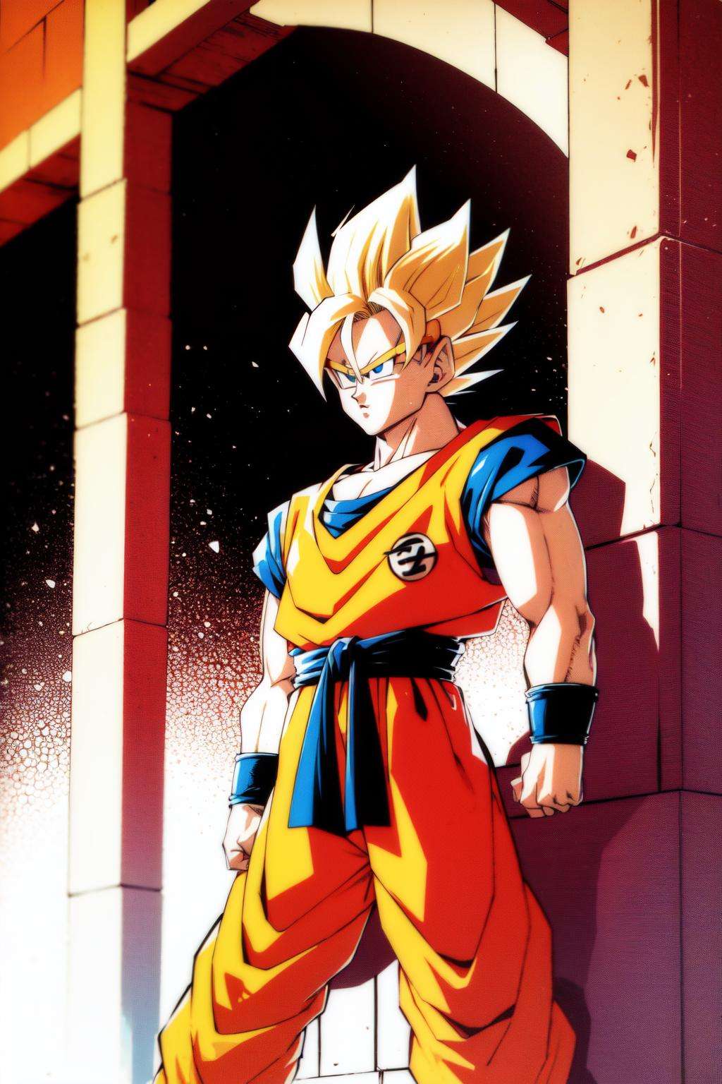 toriyama akira, 1boy, blonde hair, blue eyes, dragon ball, (dragonball z), highres, male focus, solo, son goku, super saiyan