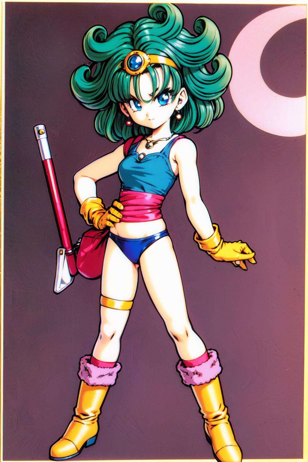 toriyama akira, 1girl, asymmetrical legwear, big hair, blue eyes, boots, curly hair, dragon quest, (dragon quest ii), (dragon quest iv), earrings, full body, gloves, green hair, heroine \(dq4\), highres, holding, jewelry, leotard, looking at viewer, official art, serious, simple background, single glove, sleeveless, solo, thigh strap, uneven legwear