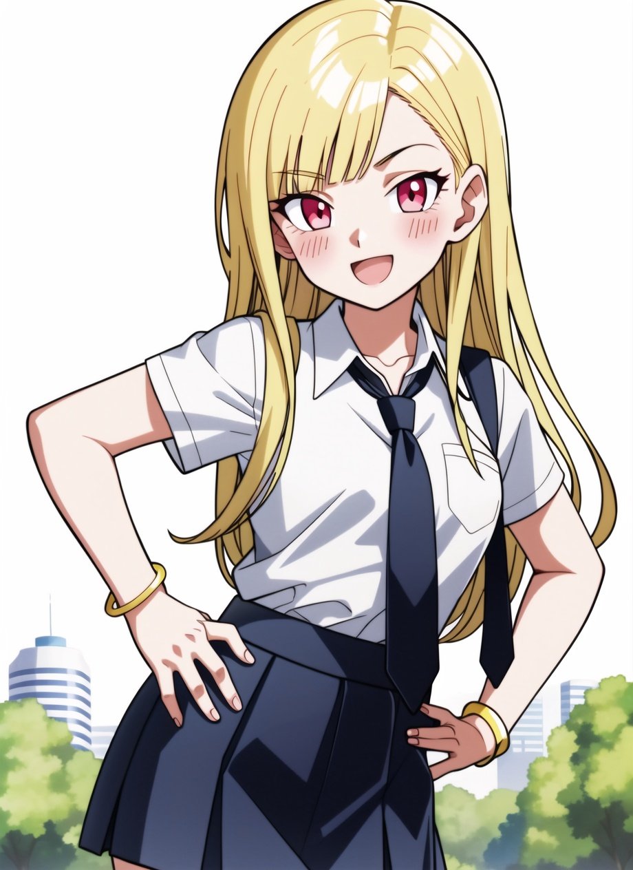 dbsuper style,   kitagawa marin, 1girl, :d, upper body, bead bracelet, beads, black necktie, blonde hair, blue skirt, blush, bracelet, hand on own hip, jewelry, long hair, looking at viewer, necktie, open mouth, plaid, plaid skirt, red eyes, school uniform, shirt, outdoors, skirt, smile, solo, standing,white background, white shirt, ((masterpiece))<lora:dbsuper_style_offset:1>