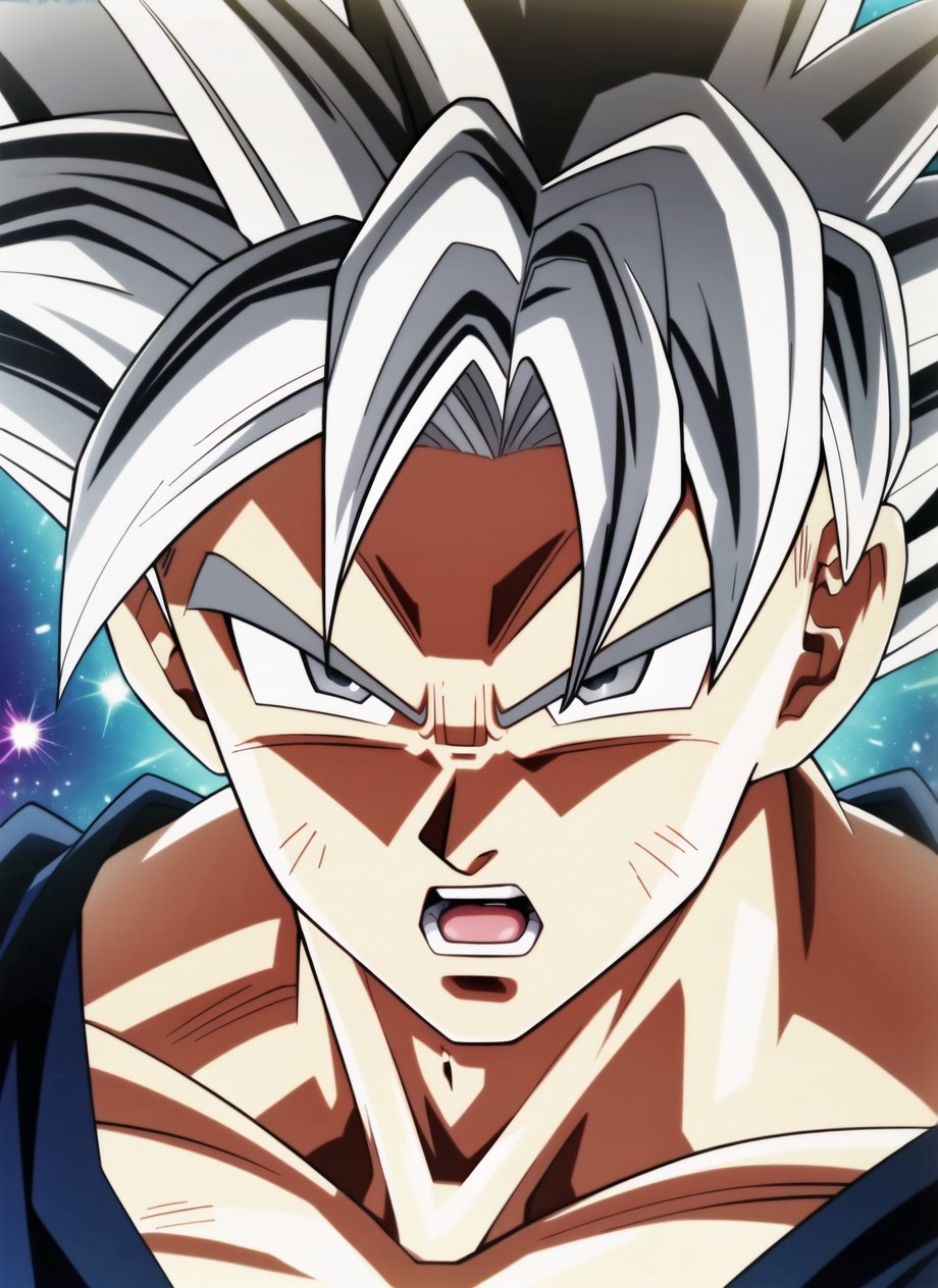 dbsuper style, ultra instinct, son goku, 1boy, male focus, solo, open mouth, spiked hair, aura, looking at viewer, white hair, upper body, grey eyes, close-up, muscular, super saiyan, serious, grey hair, ((masterpiece)) <lora:dbsuper_style_offset:1>