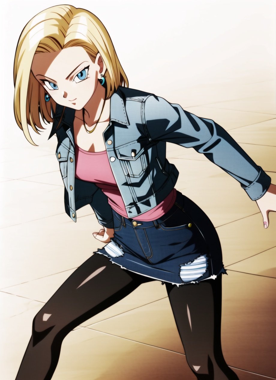 dbsuper style, android18, 1girl, blonde hair, blue eyes,  denim, denim jacket, denim skirt, denim vest, earrings, jacket, jeans, jewelry, pants, pantyhose, skirt, solo, striped sleeves, ((masterpiece)) <lora:dbsuper_style_offset:1>