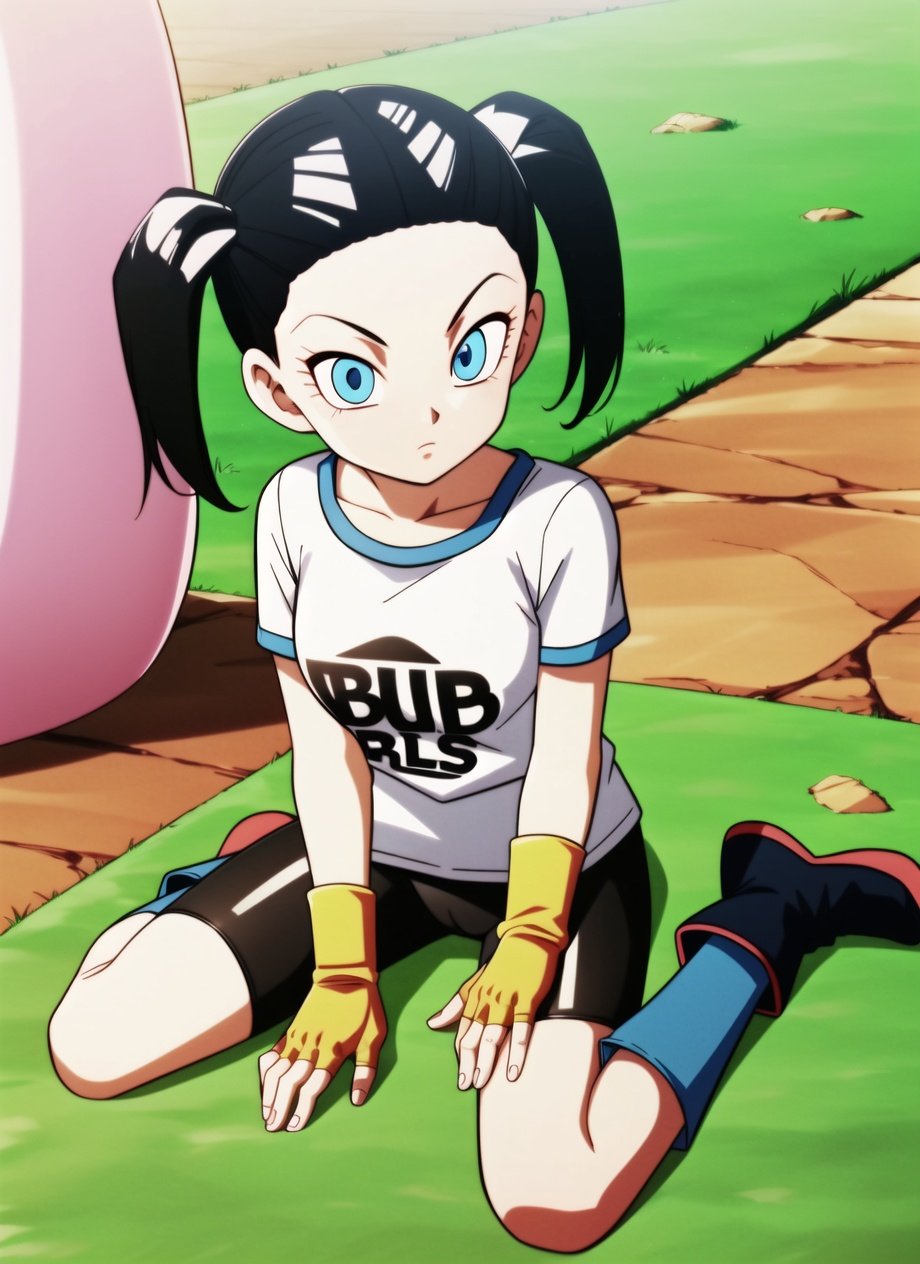 dbsuper style,1girl, bike shorts, black gloves, black hair, blue eyes, boots, breasts, expressionless, fingerless gloves, gloves, grass, hair tubes, long shirt, looking at viewer, low twintails, shirt, short sleeves, short twintails, sitting, solo, twintails, wariza, white shirt, ((masterpiece))<lora:dbsuper_style_offset:1.2>