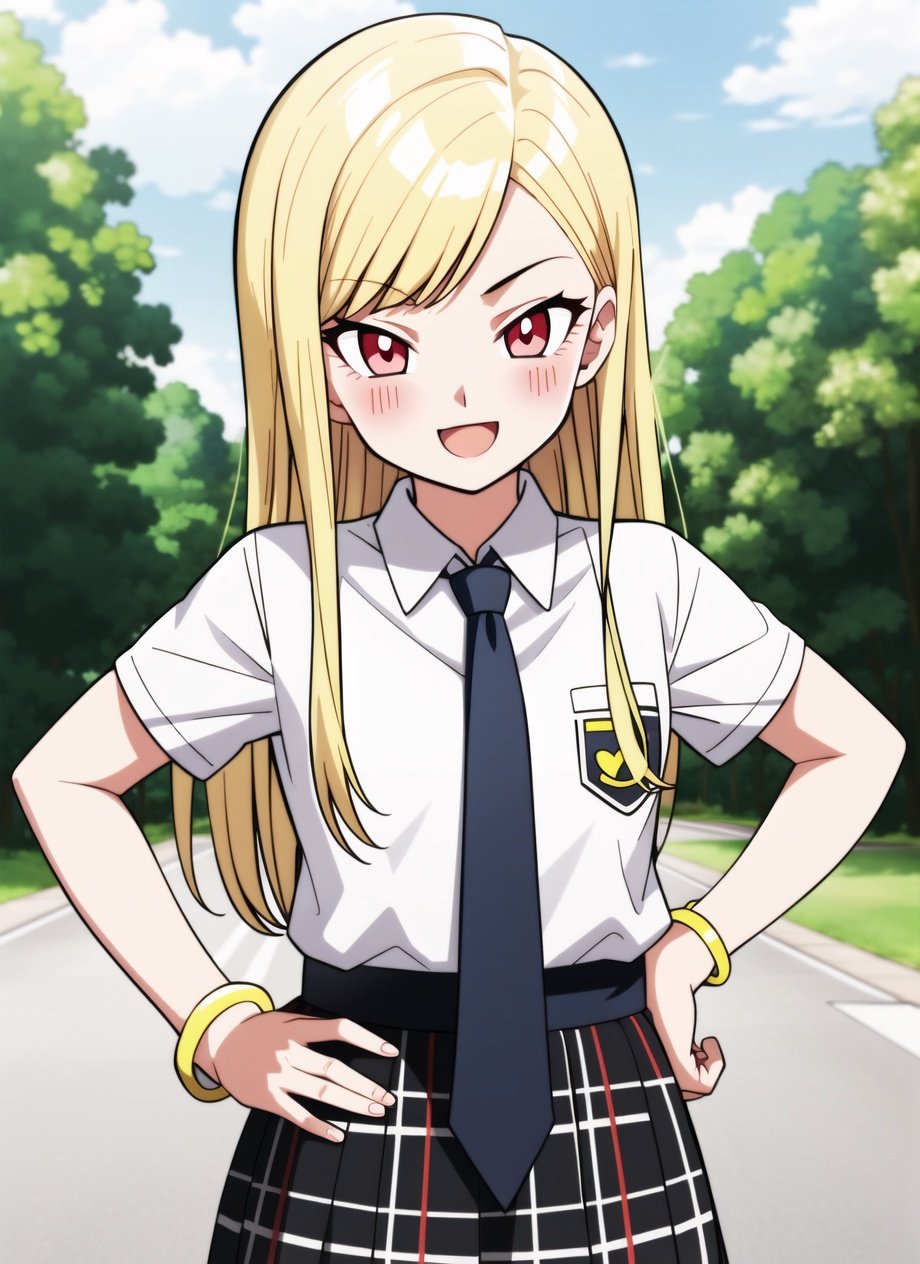 dbsuper style,   kitagawa marin, 1girl, :d, upper body, bead bracelet, beads, black necktie, blonde hair, blue skirt, blush, bracelet, hand on own hip, jewelry, long hair, looking at viewer, necktie, open mouth, plaid, plaid skirt, red eyes, school uniform, shirt, outdoors, skirt, smile, solo, standing,white background, white shirt, ((masterpiece))<lora:dbsuper_style_offset:1>