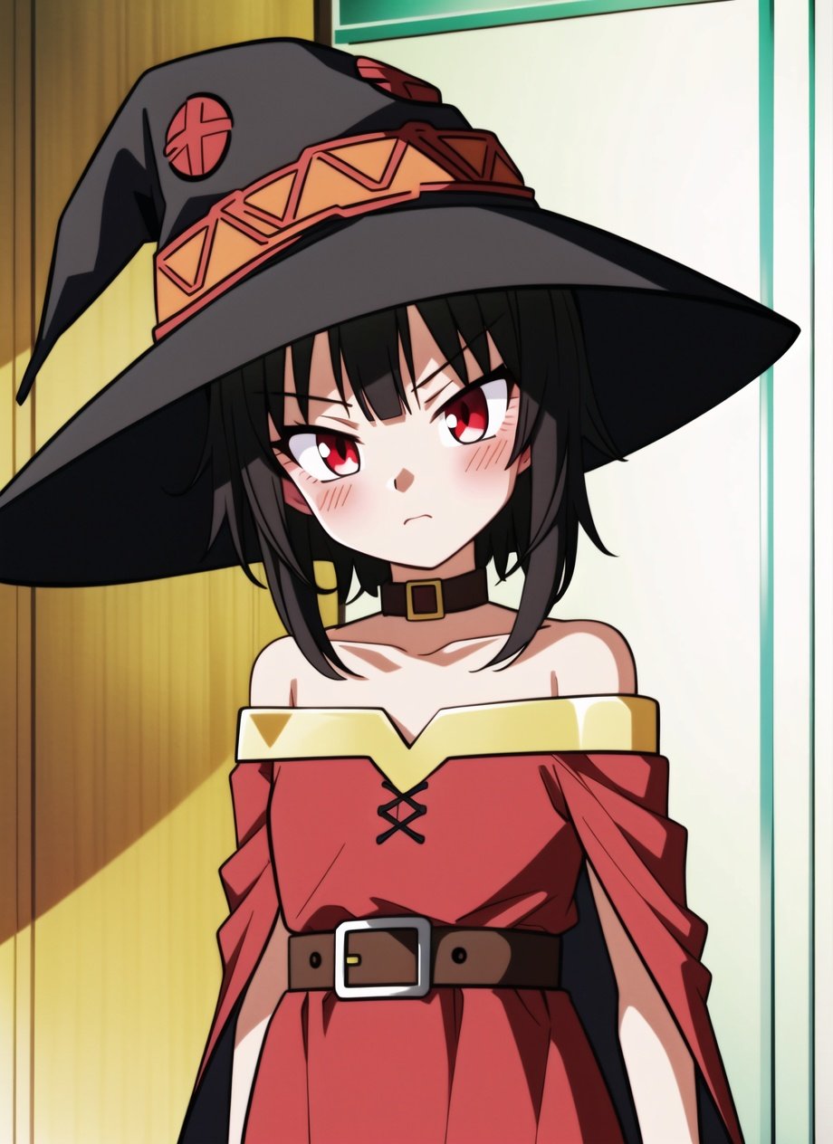 dbsuper style, anime screencap, megumin, 1girl, bare shoulders, black cape, black gloves, black hair, blush, cape, choker, collarbone, dress, hair between eyes, hat, long sleeves, looking at viewer, medium hair, off-shoulder dress, off shoulder, red dress, red eyes, sidelocks, solo, witch hat, indoors, ((masterpiece)) <lora:dbsuper_style_offset:1.2>