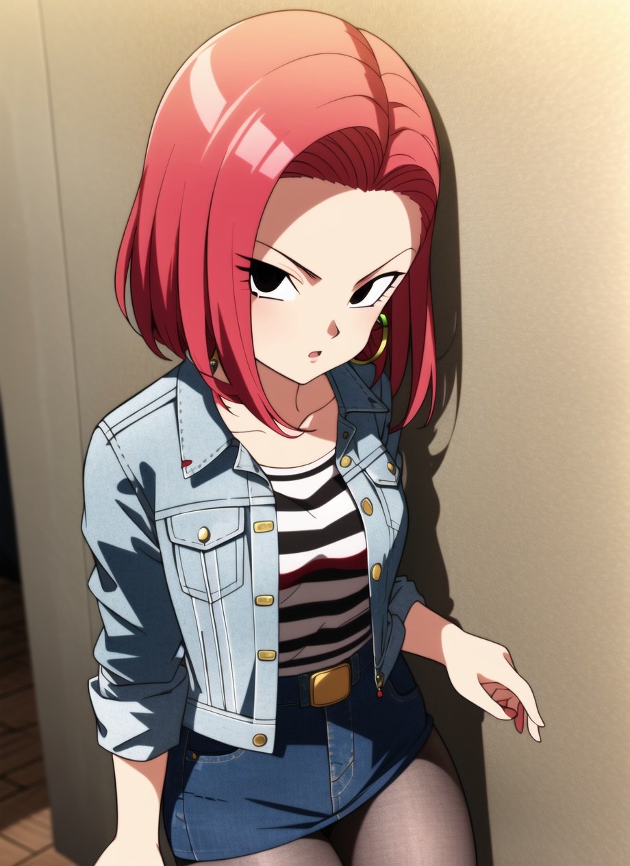 dbsuper style,android18 hair, 1girl, red hair, black eyes, denim, denim jacket, denim skirt, denim vest, earrings, jacket, jeans, jewelry, pants, pantyhose, skirt, solo, striped sleeves, ((masterpiece))<lora:dbsuper_style_offset:1>