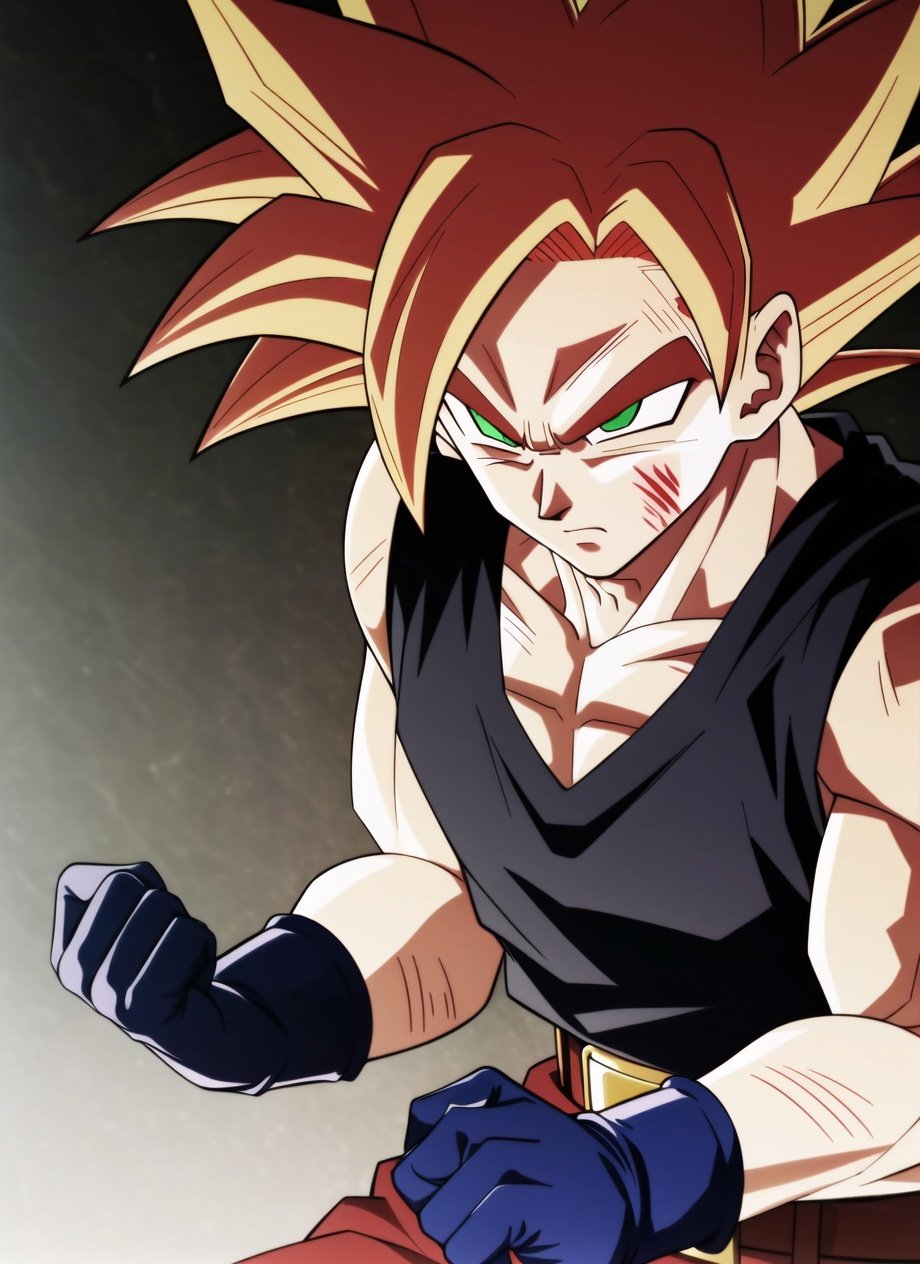 dbsuper style, 1boy, aura, belt, red hair, bruise, bruise on face, clenched hands, frown, furrowed brow, gloves, green eyes, grey gloves, injury, male focus, muscular, muscular male, solo, spiked hair, super saiyan god, upper body, vest, ((masterpiece))<lora:dbsuper_style_offset:1>