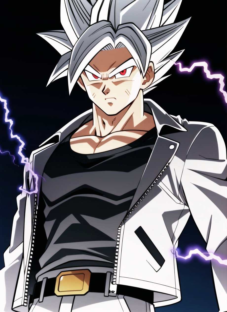 dbsuper style, super saiyan beast, 1boy,  black background, collarbone, leather jacket, jacket, open jacket, shirt, white shirt, black jacket, long sleeves, electricity, aura, energy, grey hair, looking at viewer, male focus, muscular, muscular male, red eyes, belt, scratches, outdoors, solo, spiked hair, upper body, v-shaped eyebrows, ((masterpiece))<lora:dbsuper_style_offset:1>