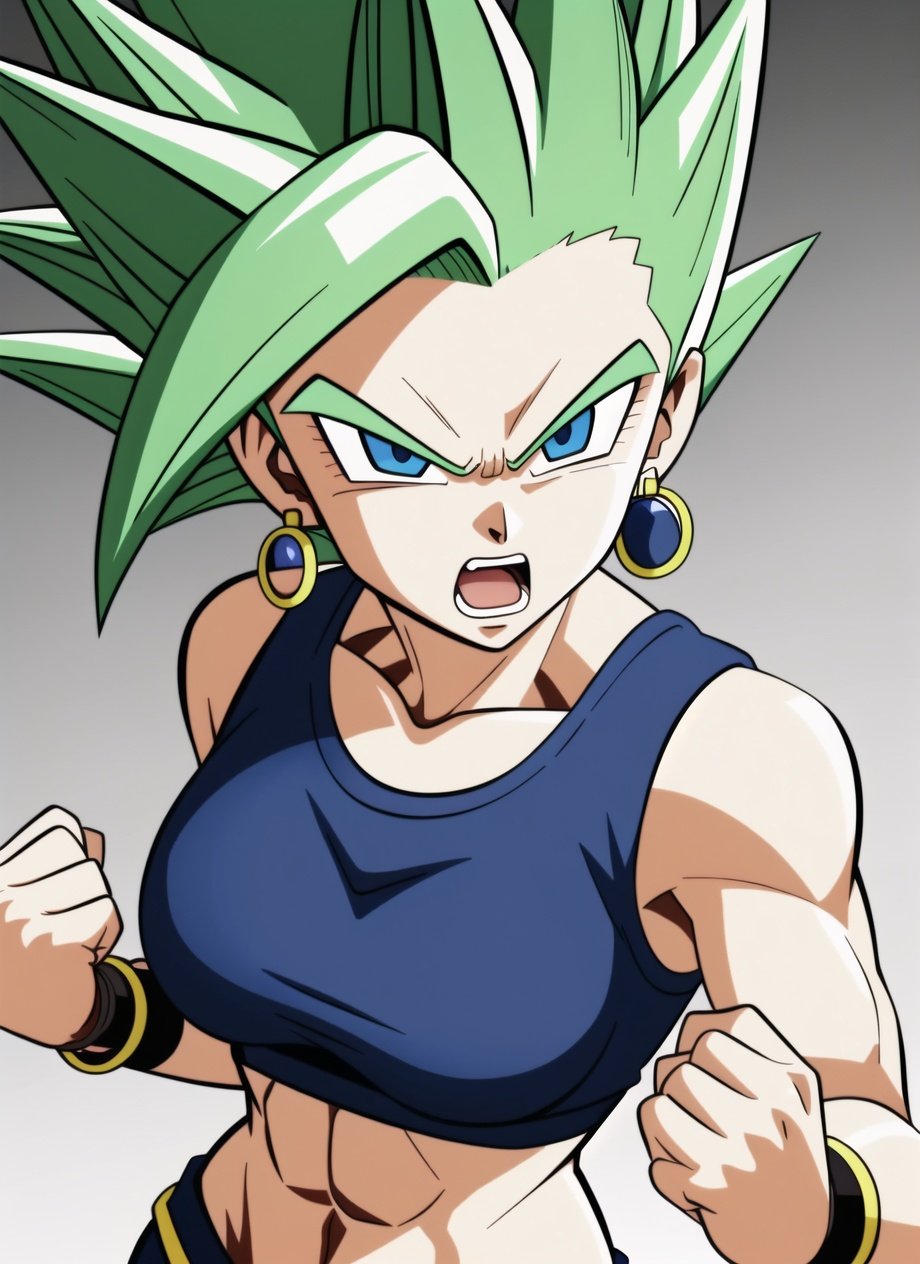 dbsuper style, 1girl, super saiyan, solo, jewelry, earrings, crop top, green hair, spiked hair, open mouth, angry, blue eyes, breasts, muscular, clenched hands, ((masterpiece)) <lora:dbsuper_style_offset:1>