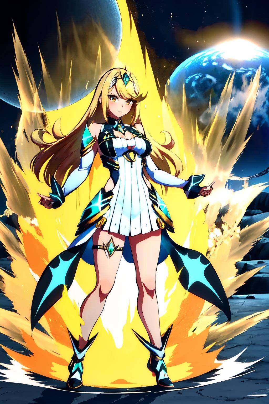 Highly detailed, High Quality, Masterpiece, beautiful, Ki Charge, aura, full body, <lora:DBKiCharge:0.9>, yellow aura, Mythra \(xenoblade\), Mythra:1.2, blonde hair, yellow eyes, long hair, <lora:Char_Xenoblade_PyraMythraPneuma:0.5>