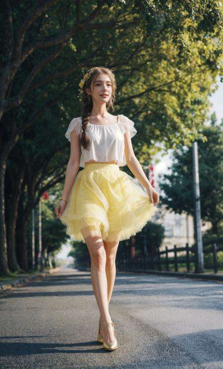 1girl,slg,(rose bush),braided hairstyle,Road Sign Yellow tulle skirt with a simple top and metallic pumps.,depth of field, day<lora:slg_v11:1>