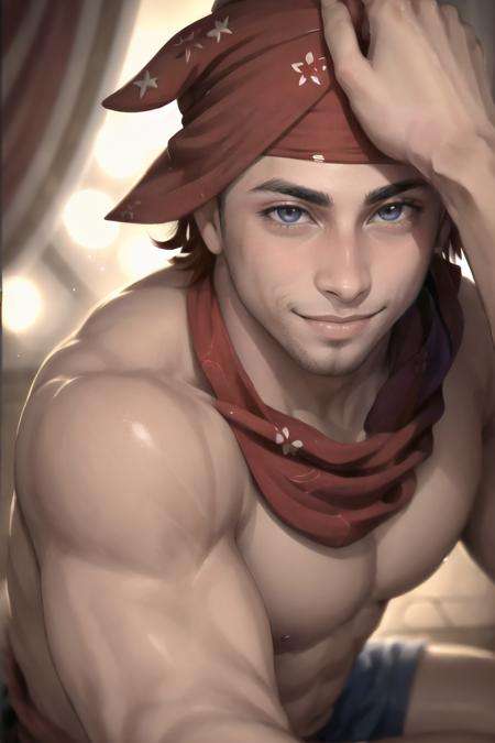 Highly detailed, High Quality, Masterpiece, beautiful, HeadpatPOV, pov, <lora:HeadpatPOV:1>, 1boy, solo, smirk, ^_^, Ricardo, red bandana on the head, <lora:Char_Sigmas_RicardoMilos:0.8>