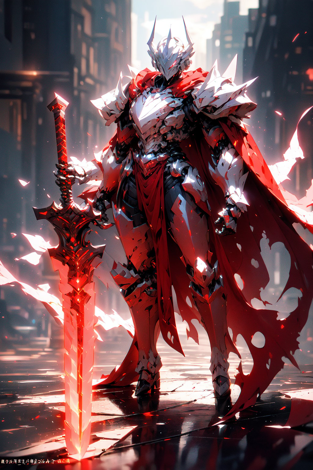 (masterpiece:1.2), best quality,PIXIV,weapon, sword, armor, holding weapon, holding, holding sword, solo, gauntlets, cape, red cape, full armor, helmet, torn cape, male focus, standing, glowing, shoulder armor, red theme, pauldrons, breastplate, torn clothes, greaves, crack, horns, knight, torn, armored boots<lora:Gundam girl_20230712160146:1>