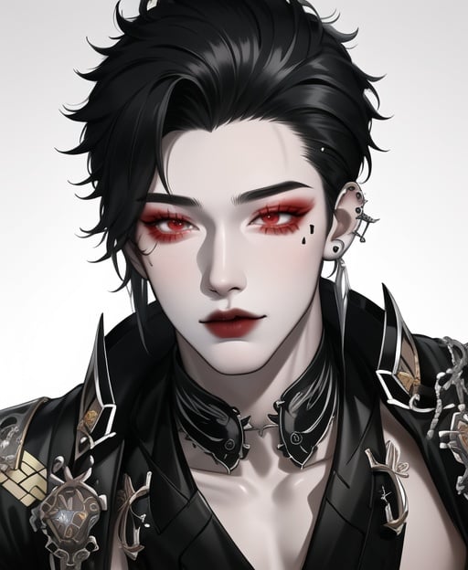 red eyes, makeup, weiboZH, full body, legs. male, 1boy, /black eyes,/ modern, piercings, earrings, dark, kpop, semi realistic, masterpiece, best quality, ultra-detailed detailed, detailed digital artwork, hi res,    <lora:weiboZH:0.87> 