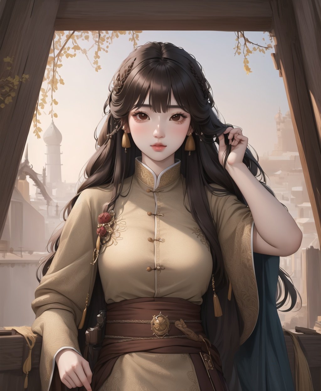 weiboZH, upper body, girl, brown eyes, hands above head, semi realistic, masterpiece, best quality, ultra-detailed detailed, detailed digital artwork, hi res,    <lora:weiboZH:0.87>