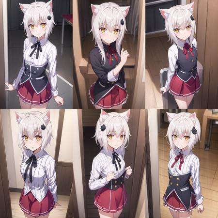 best quality, (masterpiece:1.2), highly detailed, standing, school, indoors, cat ears,1girl, solo, <lora:chara_HighschoolDxD_ToujoKoneko_v1:0.8>,  tojou koneko,looking at the viewer, closed mouth, slight smile, from above, yellow eyes, white hair, short hair, hair ornament, school uniform, stripped shirt, red skirt, black neck ribbon