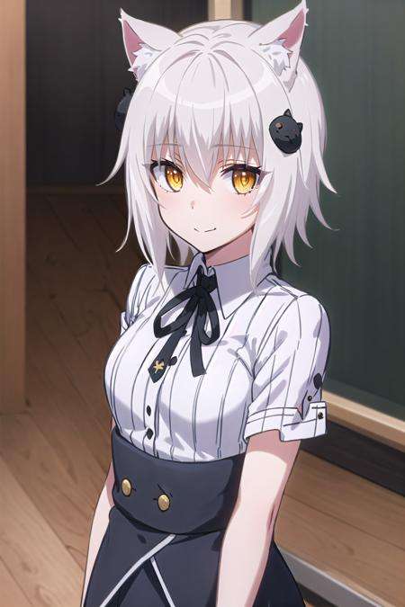 best quality, (masterpiece:1.2), highly detailed, standing, school, hallway, cat ears, cat tail,1girl, solo, <lora:chara_HighschoolDxD_ToujoKoneko_v1:0.8>,  tojou koneko,looking at the viewer, closed mouth, slight smile, (upper body:1.4), from above, yellow eyes, white hair, short hair, hair ornament, school uniform, stripped shirt, black neck ribbon