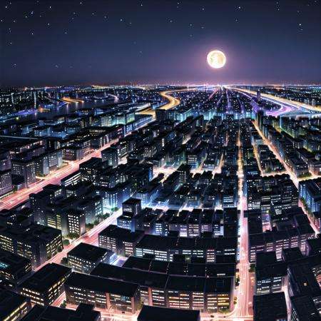 <lora:chara_YofukashiNoUta_Background_v1:0.8>, yofukashi background, cityscape, night, starry sky, moon