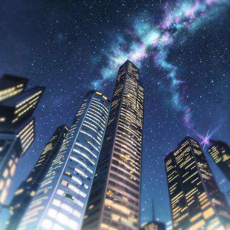 <lora:chara_YofukashiNoUta_Background_v1:0.8>, yofukashi background, cityscape, starry sky, (chromatic aberration:1.6), skyscraper