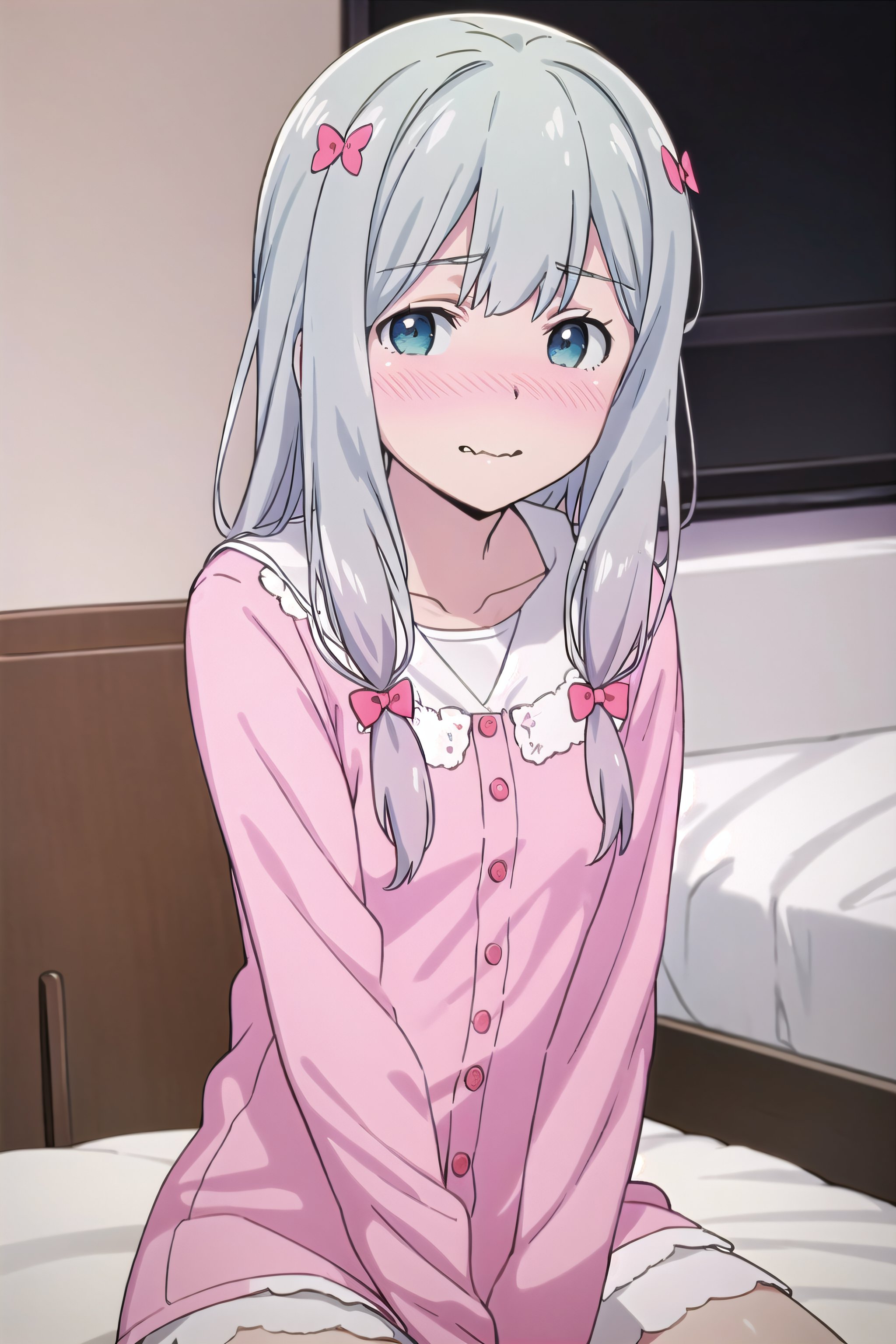 best quality, (masterpiece:1.2), highly detailed,indoors, bedroom, on bed, <lora:chara_Eromanga-sensei_IzumiSagiri_v2:0.8>, izumi sagiri,1girl, solo, sitting, upper body, from front, looking at the viewer, wavy mouth, nose blush, slight smile,grey hair, long hair, multicolored hair, blue eyes,pink pajamas