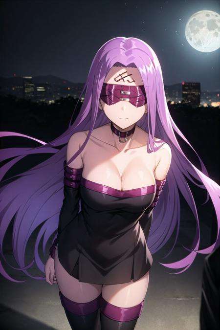 best quality, (masterpiece:1.2), highly detailed,<lora:chara_FateStayNightUBW_Backgrounds_v1:0.3>, fate/stay background, night, cityscape, city, moon, blue theme,<lora:chara_FateStayNightUBW_Medusa(Rider)_v1_1:0.8>, medusa_ubw,1girl, solo, standing, looking at the viewer, closed mouth,absurdly long hair, purple hair, floating hair,dress, short dress, thighhighs, strapless, blindfold, detached sleeves, forehead mark, choker, cleavage  