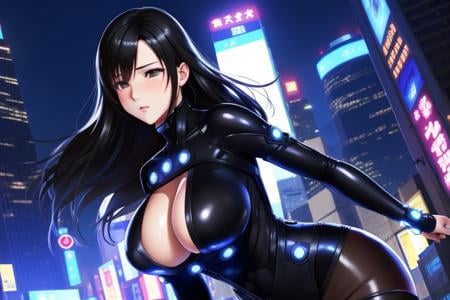 1girl, masterpice, high quality, best quality, good body, 5fingers, good hands and fingers, official art, (solo), dynamic angle, dynamic pose, black hair, scenary: city,night, people, large breasts, gantz, (reika), science fiction,  <lora:Reika-06:0.6>, (((explicit))), (((NFSW))),  blush