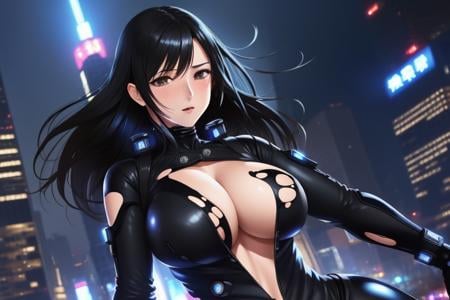 1girl, masterpice, high quality, best quality, good body, 5fingers, good hands and fingers, official art, (solo), dynamic angle, dynamic pose, black hair, scenary: city,night, people, large breasts, gantz, (reika), science fiction, black bodysuite, latex <lora:Reika-06:0.6>, ((explicit)), ((NFSW)),  blush, ((((torn clothes)))), 