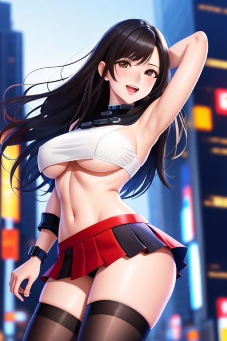 1girl, masterpice, high quality, best quality, good body, 5fingers, good hands and fingers, official art, (solo), dynamic angle, dynamic pose, black hair, scenary: city,night, people, large breasts, gantz, (reika),  <lora:Reika-06:0.7>, (((red miniskirt))), (((black stockings))), (((white crop blouse))), underboob, smile, open mouth, 