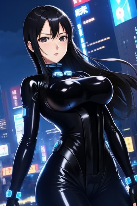 1girl, masterpice, high quality, best quality, good body, 5fingers, good hands and fingers, official art, (solo), dynamic angle, dynamic pose, black hair, scenary: city,night, people, large breasts, gantz, (reika), latex, black bodysuit, science fiction,  <lora:Reika-06:0.6>, ((anime screencap))