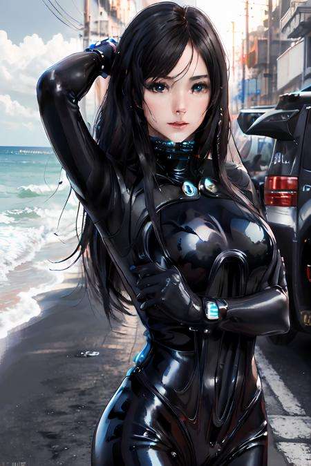 1girl, (masterpiece:1.3), highres, high quality, highres, ultra-detailed, best quality, (8k),  (perfect face and eyes:1.2), (textured skin), (pixiv), (solo), latex, science fiction, black bodysuite, bodysuit, gantz, reika, large hair, black hair, large breasts, blue eyes, <lora:Reika-09:0.7>, (beach), night, tress, moon, (modeling pose:1.3), looking at viewer, 