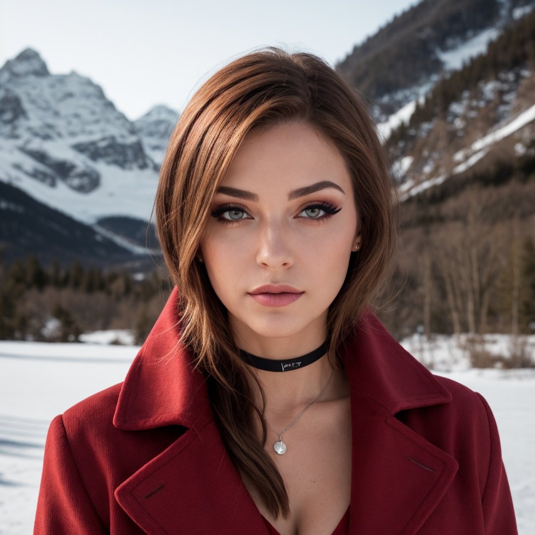 RAW Photo, DSLR, professional color graded, BREAK portrait photograph of girl, redhead, (makeup, eyeliner:1.2), choker, long red coat, swiss  ((waffle mountain background)), sharp focus, HDR, 8K resolution, intricate detail, sophisticated detail, depth of field, analogue RAW DSLR, photorealistic, looking at viewer,