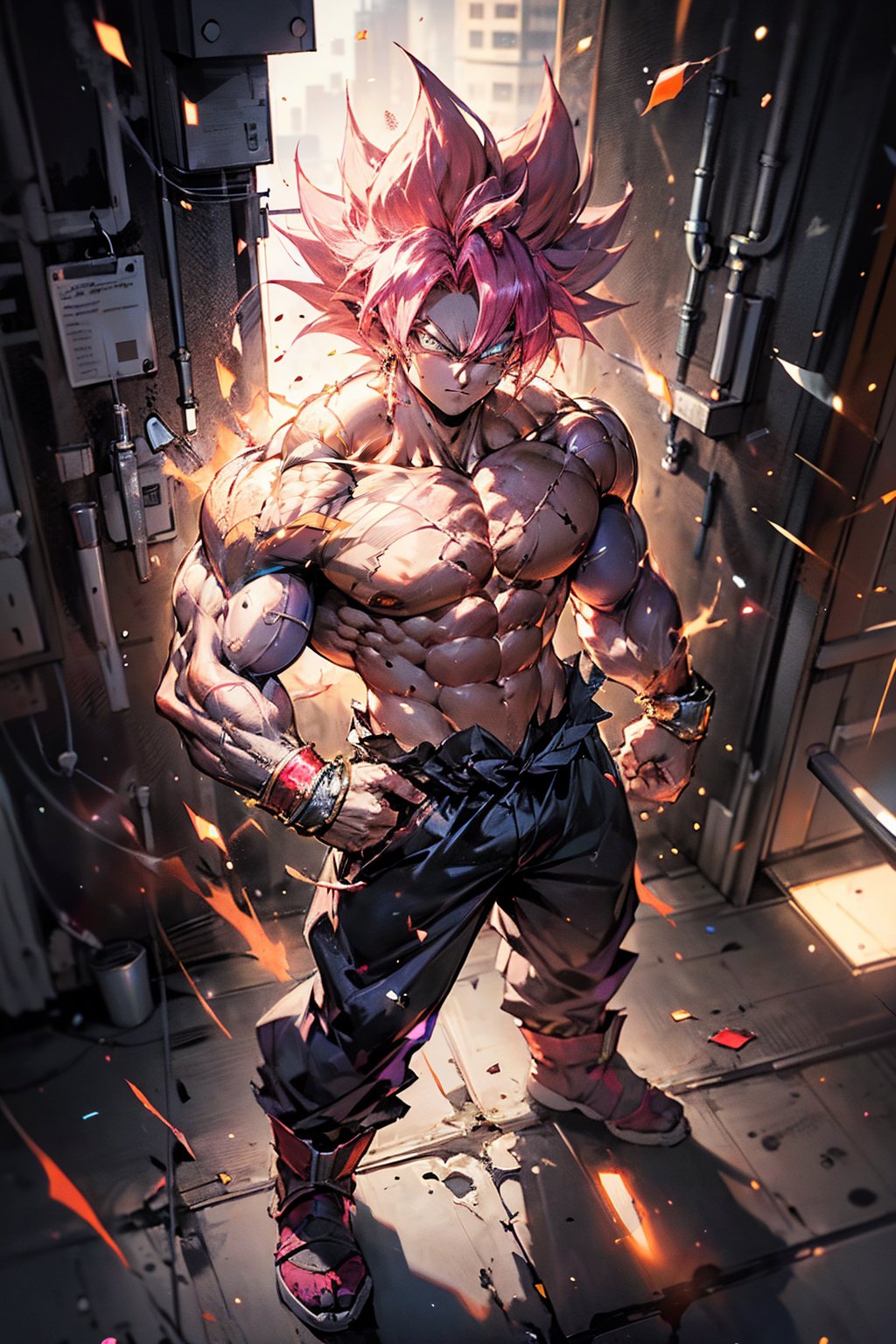 1 boy,((full body:1.2)),(stand),(male focus:1.1),(male muscles:1.2),SAIYA,(looking at viewer),(white eye:1.2),(pectoral),(abdominal muscle),(big muscle),super saiyan,(pink hair:1.2),(urban setting:1.3),