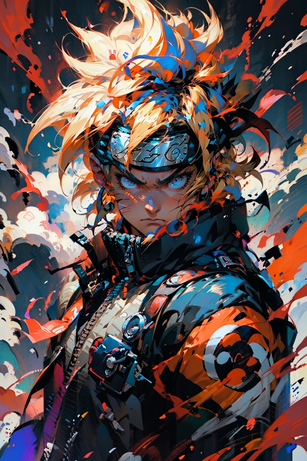 BJ_Oil_painting, Son-Goku, solo, looking at viewer, short hair, blue eyes, blonde hair, 1boy, closed mouth, jacket, upper body, male focus, headband, spiked hair, serious, forehead protector, konohagakure symbol, uzumaki naruto