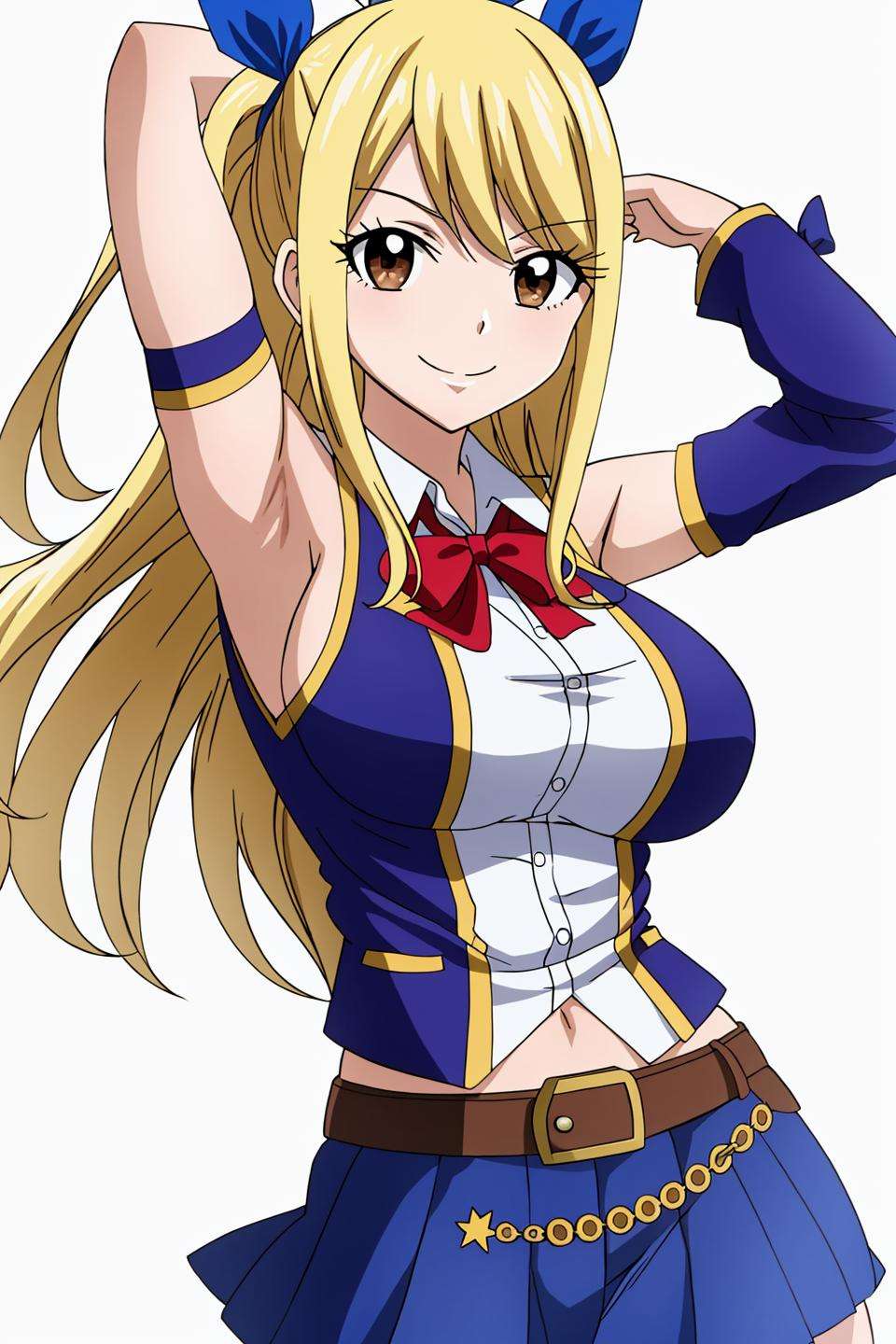 lucy, fairy tail, anime art style, 1girl, solo, long_hair, breasts, looking_at_viewer, smile, skirt, blonde_hair, large_breasts, simple_background, shirt, white_background, ribbon, brown_eyes, hair_ribbon, sleeveless, belt, armpits, arm_up, blue_skirt, hand_on_hip, one_side_up, key, wrench