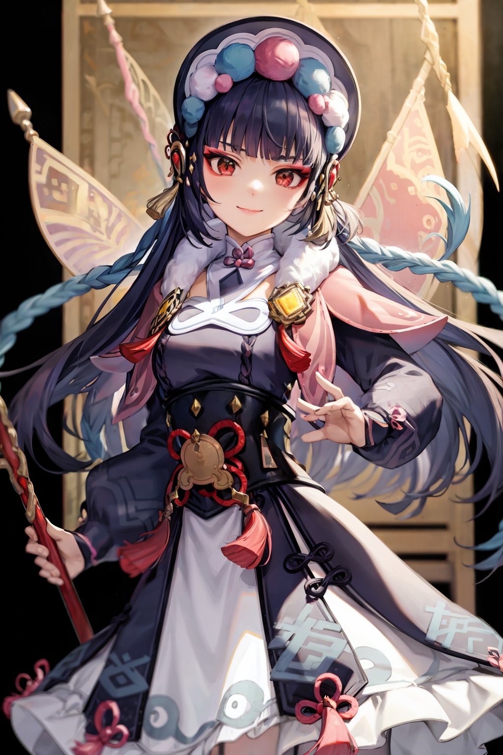 masterpiece, best quality,  <lora:yunjin:1>,1girl, solo, red eyes, bangs, pink capelet, long hair, blunt bangs, holding, dress, long sleeves, vision (genshin impact), bonnet, capelet, weapon, braid, lolita fashion, holding weapon, tassel, holding polearm, black hair, polearm, looking at viewer, black corset, purple hair, fur trim, eyeshadow, closed mouth, hime cut, smile, corset, makeup, twin braids, standing, fur collar, red eyeshadow, purple dress, multicolored headwear