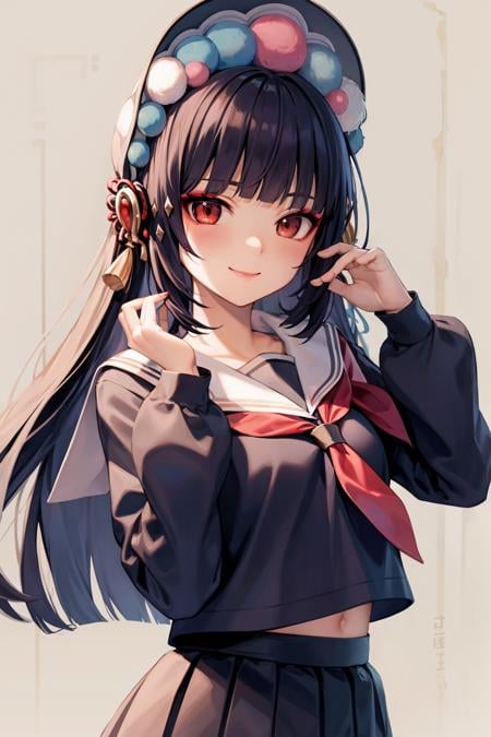 masterpiece, best quality,  <lora:yunjin:1>,yun jin \(genshin impact\),1girl, solo, red eyes, school uniform, smile, long hair, bangs, looking at viewer, serafuku, blunt bangs, sailor collar, long sleeves, white sailor collar, black serafuku, black hair, upper body, shirt, neckerchief, hime cut, closed mouth, hair ornament, black shirt, red neckerchief, skirt, makeup, eyeshadow, blush, black skirt, red eyeshadow, small breasts