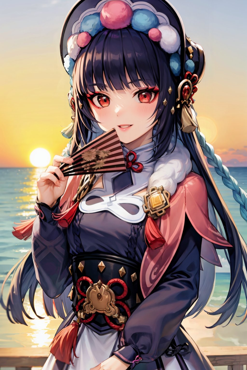 masterpiece, best quality,  <lora:yunjin:1>,yun jin \(genshin impact\),1girl, solo, hand fan, blunt bangs, bangs, bonnet, red eyes, vision (genshin impact), holding, long sleeves, looking at viewer, long hair, holding fan, sunset, upper body, capelet, braid, purple hair, lolita fashion, folding fan, dress, black hair, ocean, tassel, makeup, fur trim, smile, multicolored hair, fur collar, sun, parted lips, water, hair ornament, sky, blue hair, hat, eyeshadow, open mouth, twin braids