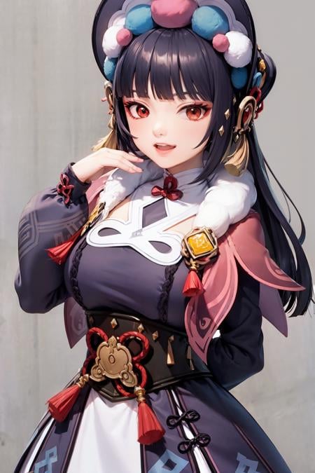 masterpiece, best quality,  <lora:yunjin:1>,yun jin \(genshin impact\), 1girl,solo, red eyes, bangs, vision (genshin impact), blunt bangs, looking at viewer, smile, blush, long sleeves, dress, long hair, open mouth, bonnet, black hair, hime cut, tassel, purple dress, capelet, purple headwear,grey background, kbxll