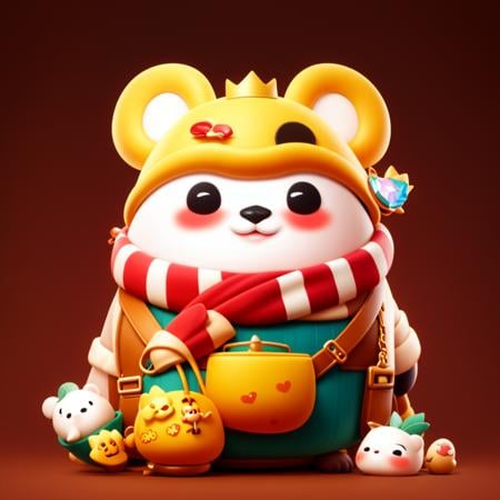 1PANDA,((RAW photo)),((best quality)),3D,bowsette,chinese clothes,gradient color background,jumpsuit,full body,(photo-realistic:1.3),(masterpiece),a lot of details,crossbody bag,hat,gems,scarf,furry,cartoon,4k,smile,C4D,mushroom,