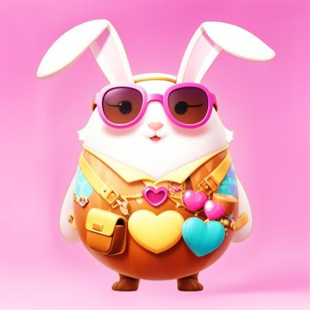 full body,1rabbit,((RAW photo)),((best quality)),(photo-realistic:1.3),(masterpiece),sunglasses,suspenders,gems,heart-shaped glasses,cartoon,4k,a lot of details,smile,crossbody bag,gradient color background,