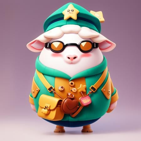 1sheep,((RAW photo)),((best quality)),3D,gradient color background,full body,(photo-realistic:1.3),(masterpiece),a lot of details,goggles,crossbody bag,suspenders,jewelry,hat,gems,furry,star glasses,cartoon,4k,