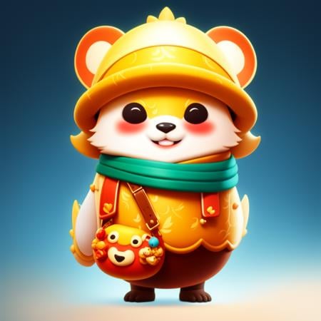 1PANDA,((RAW photo)),((best quality)),3D,bowsette,chinese clothes,gradient color background,jumpsuit,full body,(photo-realistic:1.3),(masterpiece),a lot of details,crossbody bag,hat,gems,scarf,furry,cartoon,4k,smile,C4D,mushroom,