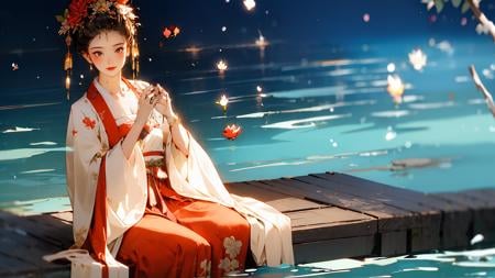 zanhua, Best quality, masterpiece, 1 girl, full body, holding flower, red flower on head, wearing hanfu,  looking at viewer,embroidered robe with exquisite details, gentle and demure disposition, elegant and graceful movements, silk slippers with golden embroidery, smooth and porcelain-like skin, lustrous black hair styled in a neat bun, graceful and precise hand movements, a humble and obedient demeanor, surrounded by the fragrance of flowers and the sound of flowing water<lora:zanhua_v1:0.8>