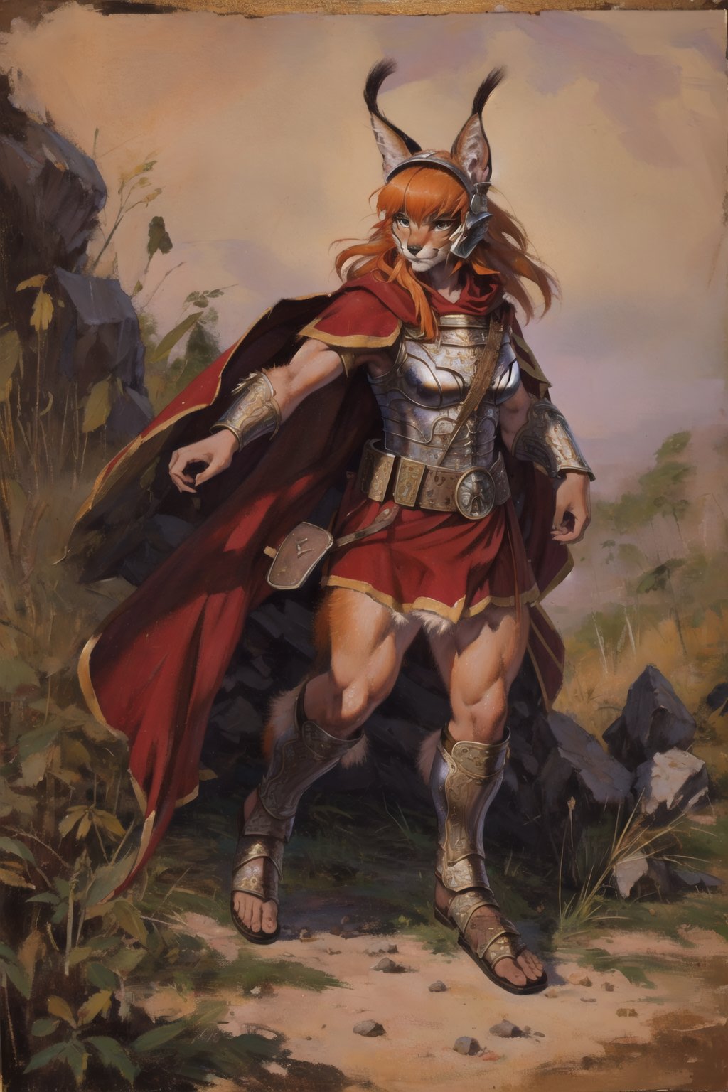 absurdres, highres, ultra detailed, masterpiece, cel shading,wind,thunderboltfurry girl,caracal,long orange hair,shiny hair,(high detail fur:1.2),solo,oil painting,traditional medialooking at viewer,romanarmy warrior with helmet on and red cape,<lora:Caracal:0.7>  <lora:Oilpainting:0.5> <lora:ARWromanarmy:1> <lora:kenkelly:0.5>