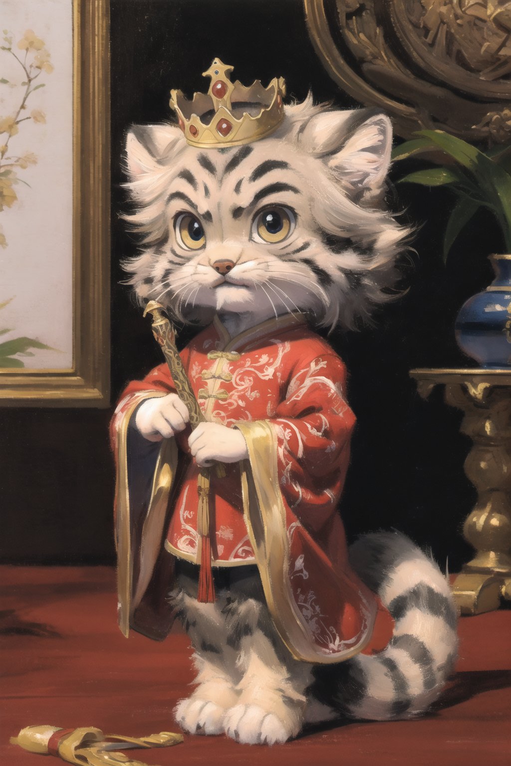 absurdres, highres, ultra detailed, masterpiece, cel shading,indoor,chinese palace,the great wall,furry,short hair,shiny hair,chibi,kitten(high detail fur:1.2),solo,Luxurious emperor's new clothes,crown,chibi,oil painting,traditional media,looking at viewer,furry male,Fechin,tusun,pallascat,manul,manulcat,3DMM