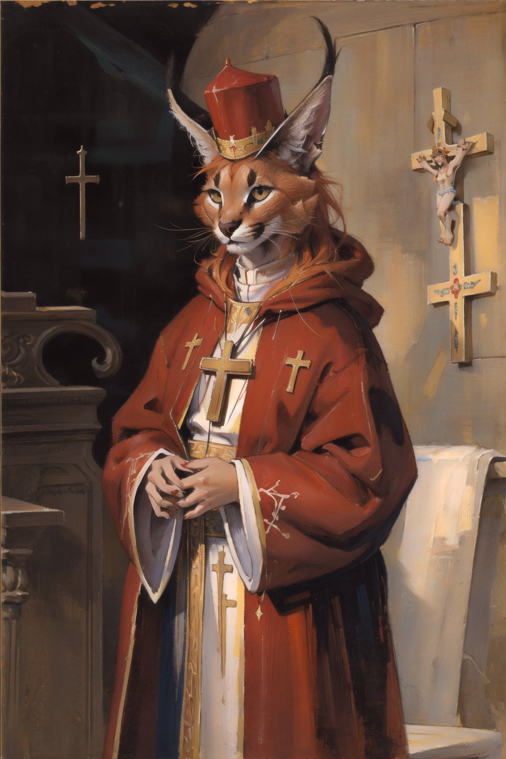 absurdres, highres, ultra detailed, masterpiece, cel shading,churchfurry girl,caracal,long orange hair,shiny hair,(high detail fur:1.2),solo,oil painting,traditional medialooking at viewer,the Pope,cardinal custom,cross,Pope hat,pray<lora:Caracal:0.7>  <lora:Oilpainting:0.7>  <lora:kenkelly:0.3>