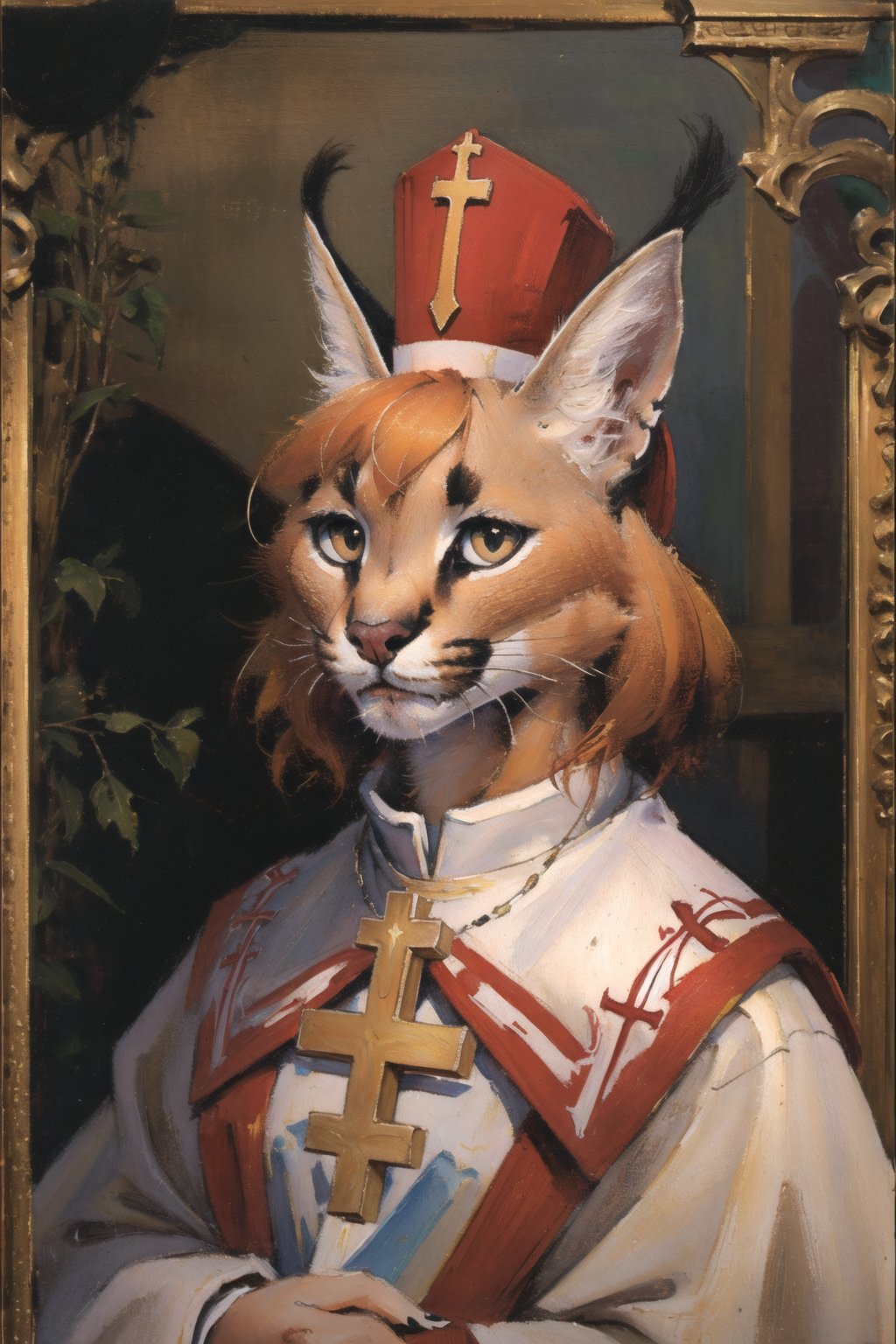 absurdres, highres, ultra detailed, masterpiece, cel shading,churchfurry girl,caracal,long orange hair,shiny hair,(high detail fur:1.2),solo,oil painting,traditional medialooking at viewer,the Pope,cardinal custom,cross,Pope hat,pray<lora:Caracal:0.7>  <lora:Oilpainting:0.7>  <lora:kenkelly:0.3>