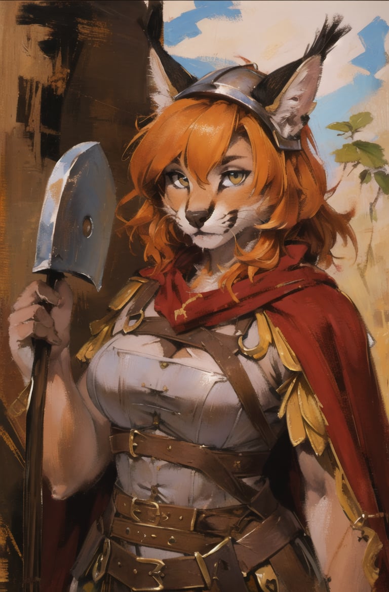 absurdres, highres, ultra detailed, masterpiece, cel shading,africa,cowboy shotfurry girl,caracal,long orange hair,shiny hair,(high detail fur:1.2),solo,,oil painting,traditional medialooking at viewer,female romanarmy warrior with helmet on and red cape,holding war axe <hypernet:furry_kemono:0.5><lora:Caracal:0.7> <lora:ankamaV2:0.3>  <lora:Oilpainting:0.7> <lora:ARWromanarmy:1>