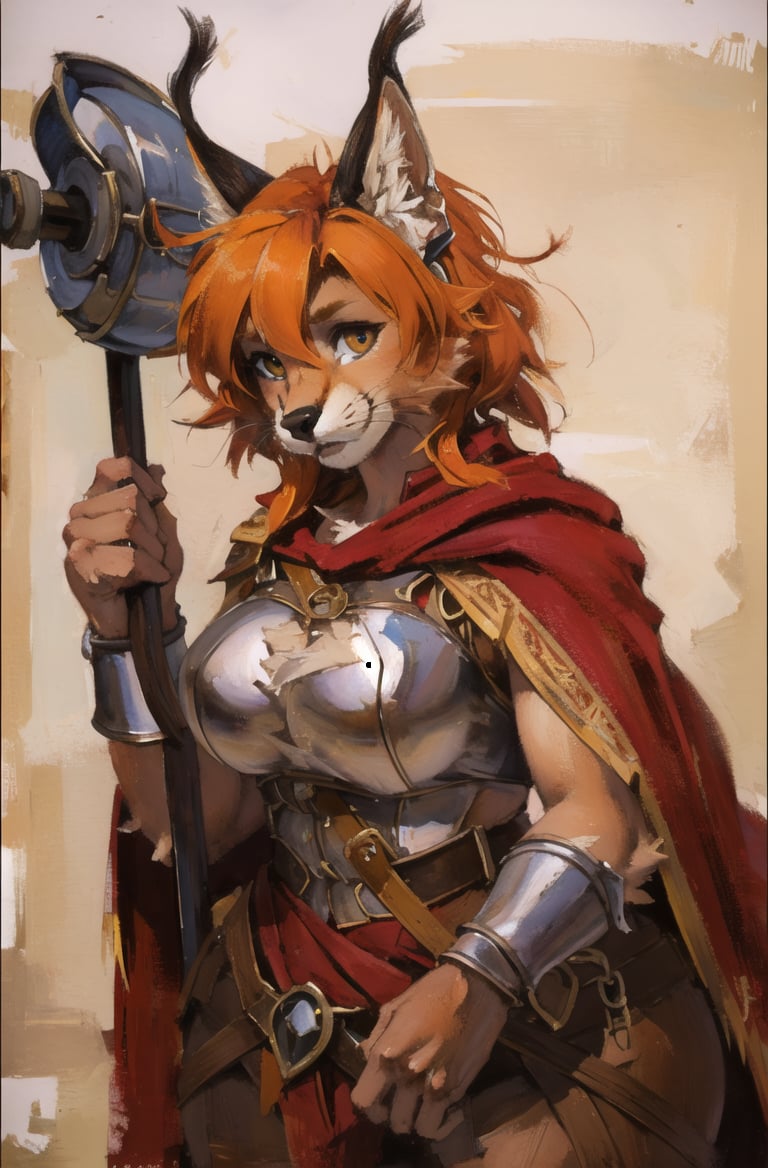 absurdres, highres, ultra detailed, masterpiece, cel shading,flyingfurry girl,caracal,long orange hair,shiny hair,(high detail fur:1.2),solo,,oil painting,traditional medialooking at viewer,female romanarmy warrior with helmet on and red cape,holding hammer <hypernet:furry_kemono:0.5><lora:Caracal:0.7> <lora:ankamaV2:0.3>  <lora:Oilpainting:0.7> <lora:ARWromanarmy:1>